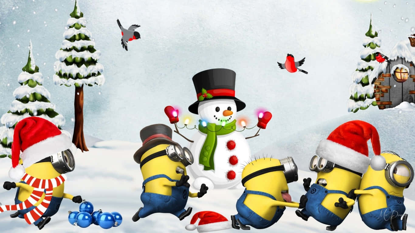 Minions Christmas Celebration Snowy Scene Background