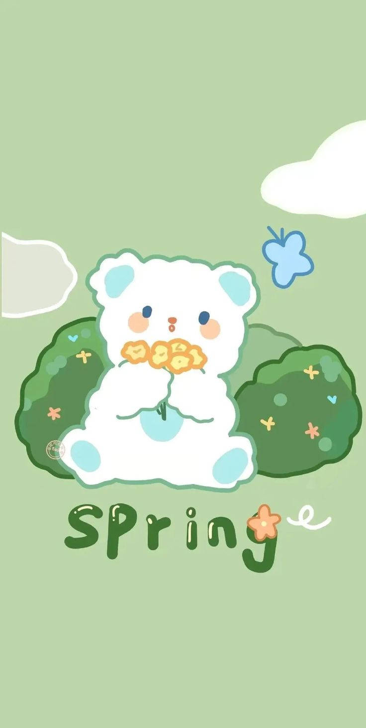 Mint Green Aesthetic Flower Bear Background