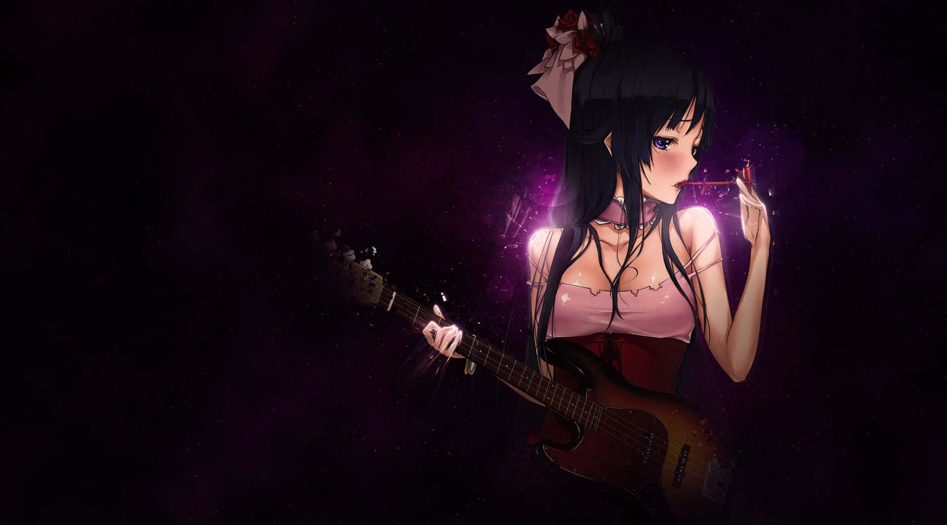 Mio Akiyama Strumming Her Bass In A Dramatic Light Background