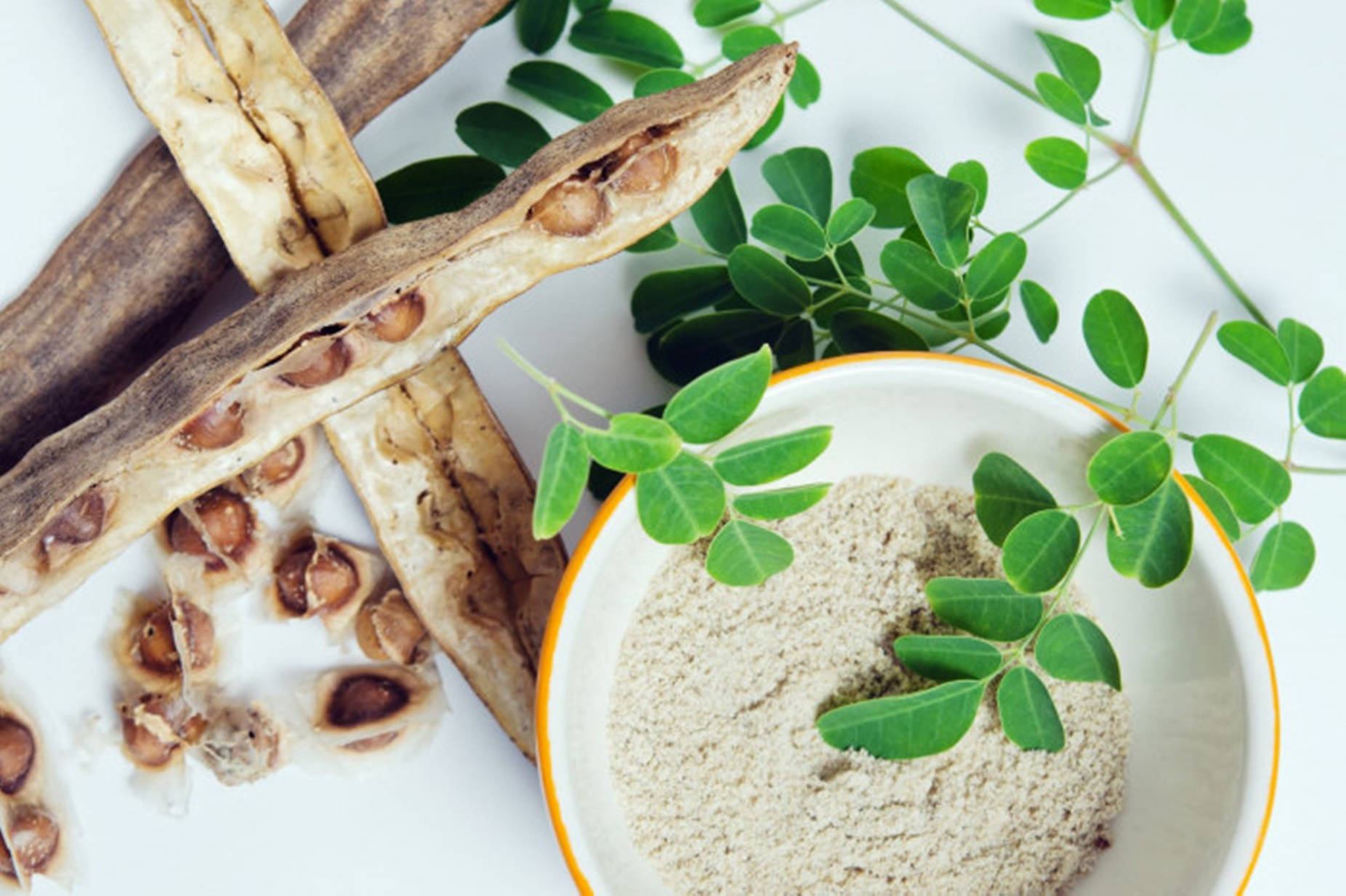 Miracle Moringa Leaves Seed And Powder Background