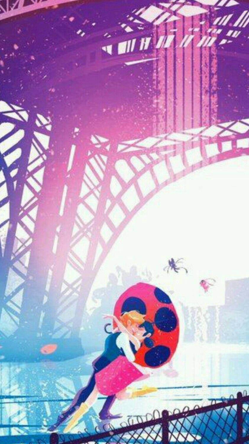 Miraculous Kiss Under The Eiffel Tower Background