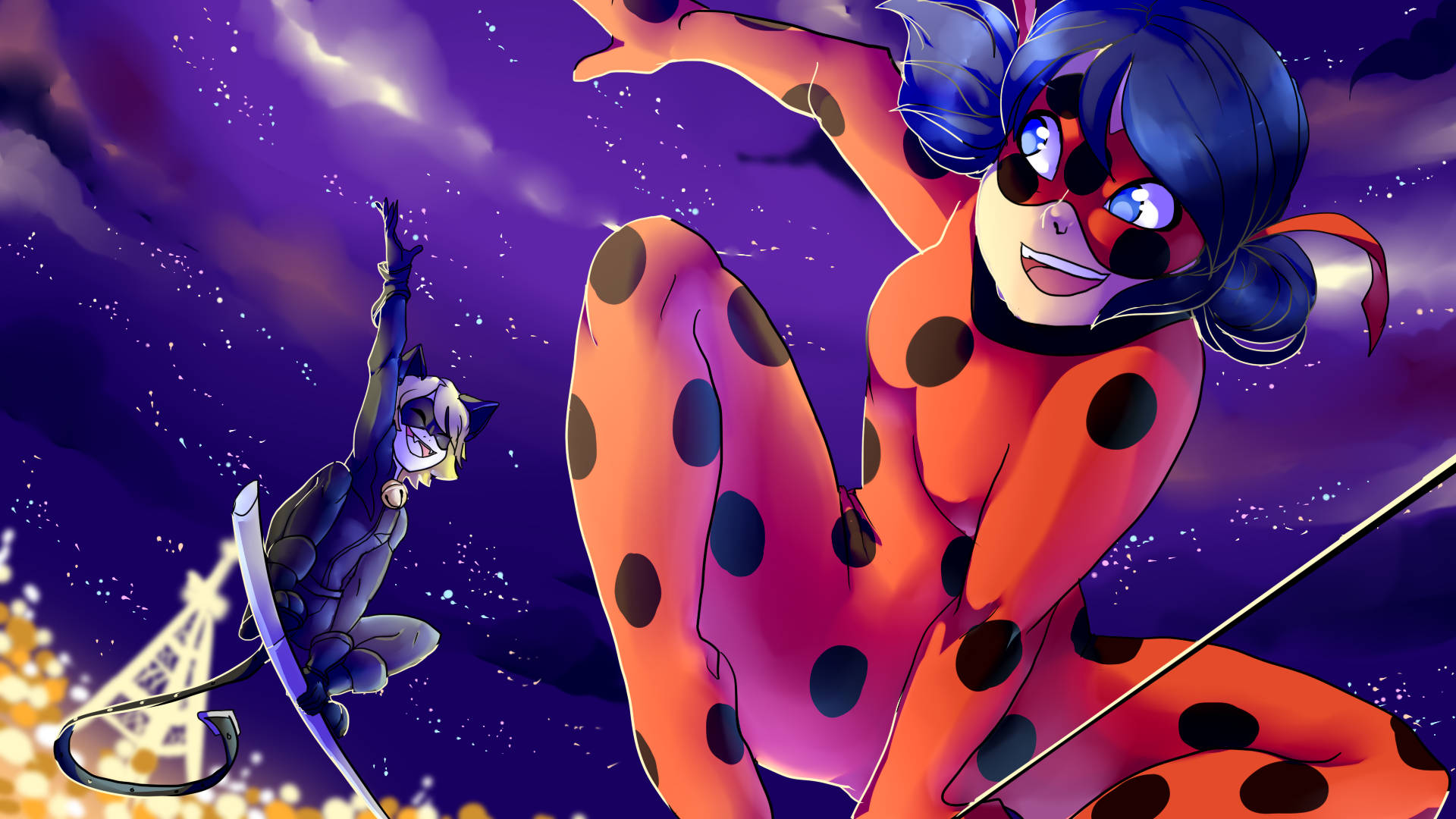 Miraculous Ladybug And Cat Noir Nighttime Fun Background