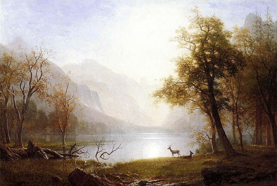 Misty_ Lake_ Scene_with_ Deer Background