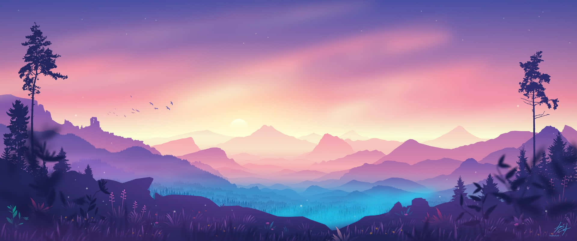 Misty Mountain Sunset Landscape Background