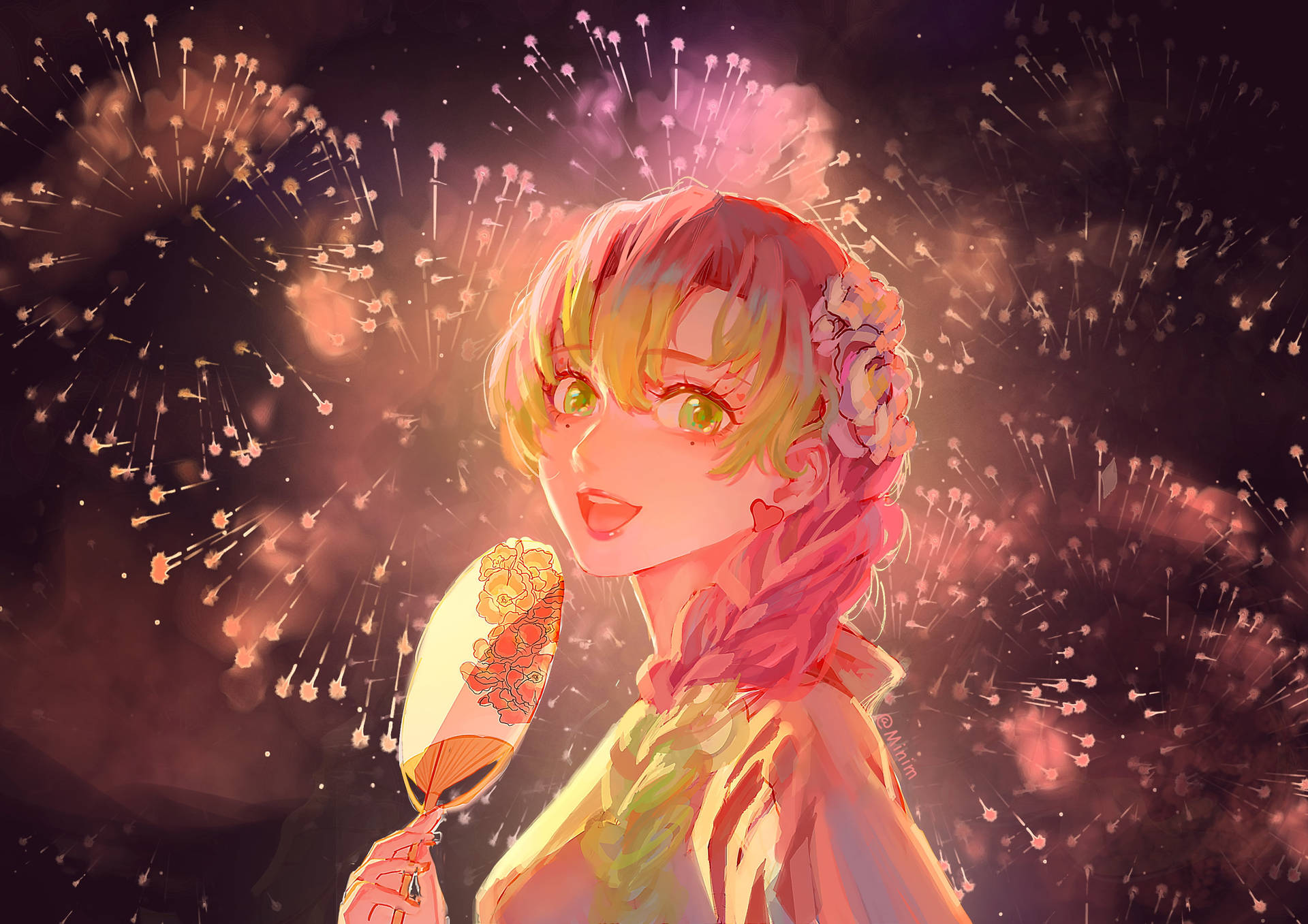 Mitsuri Kanroji Fireworks Background