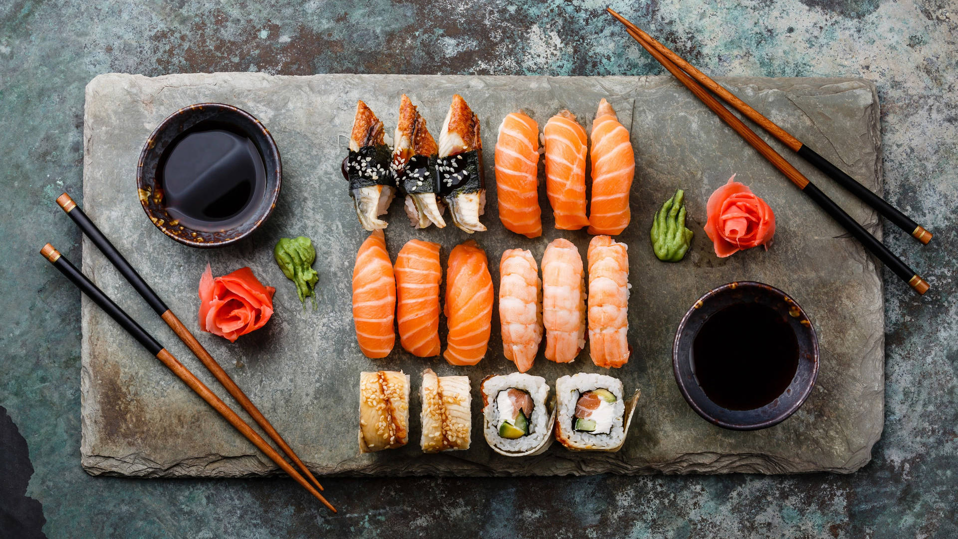 Mixed Seafood Sashimi Serving On Stone Board