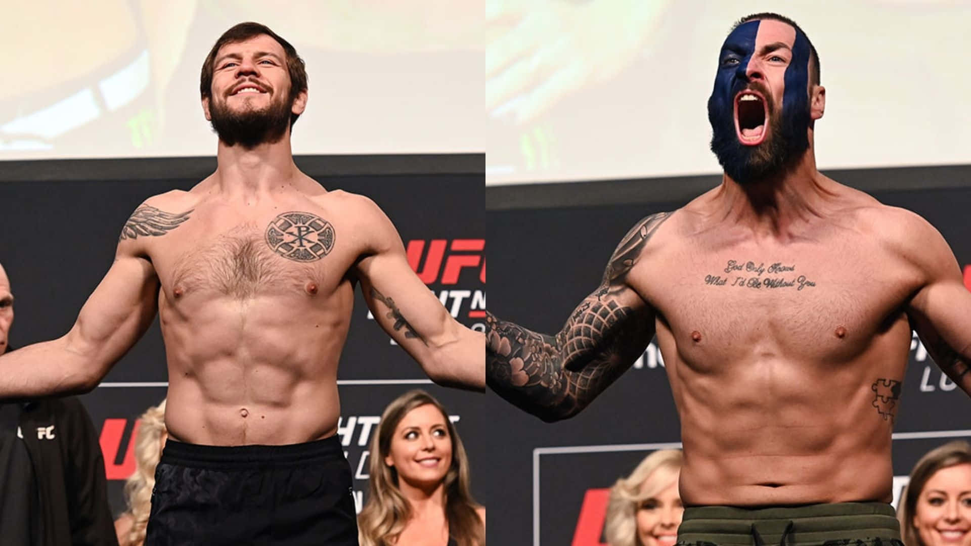 Mma Fighters Nikita Krylov And Paul Craig On Stage Background