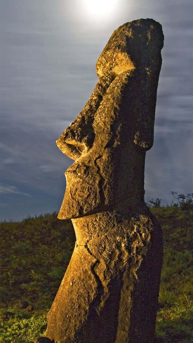 Moai Figure With View Of Southeastern Pacific Ocean Background
