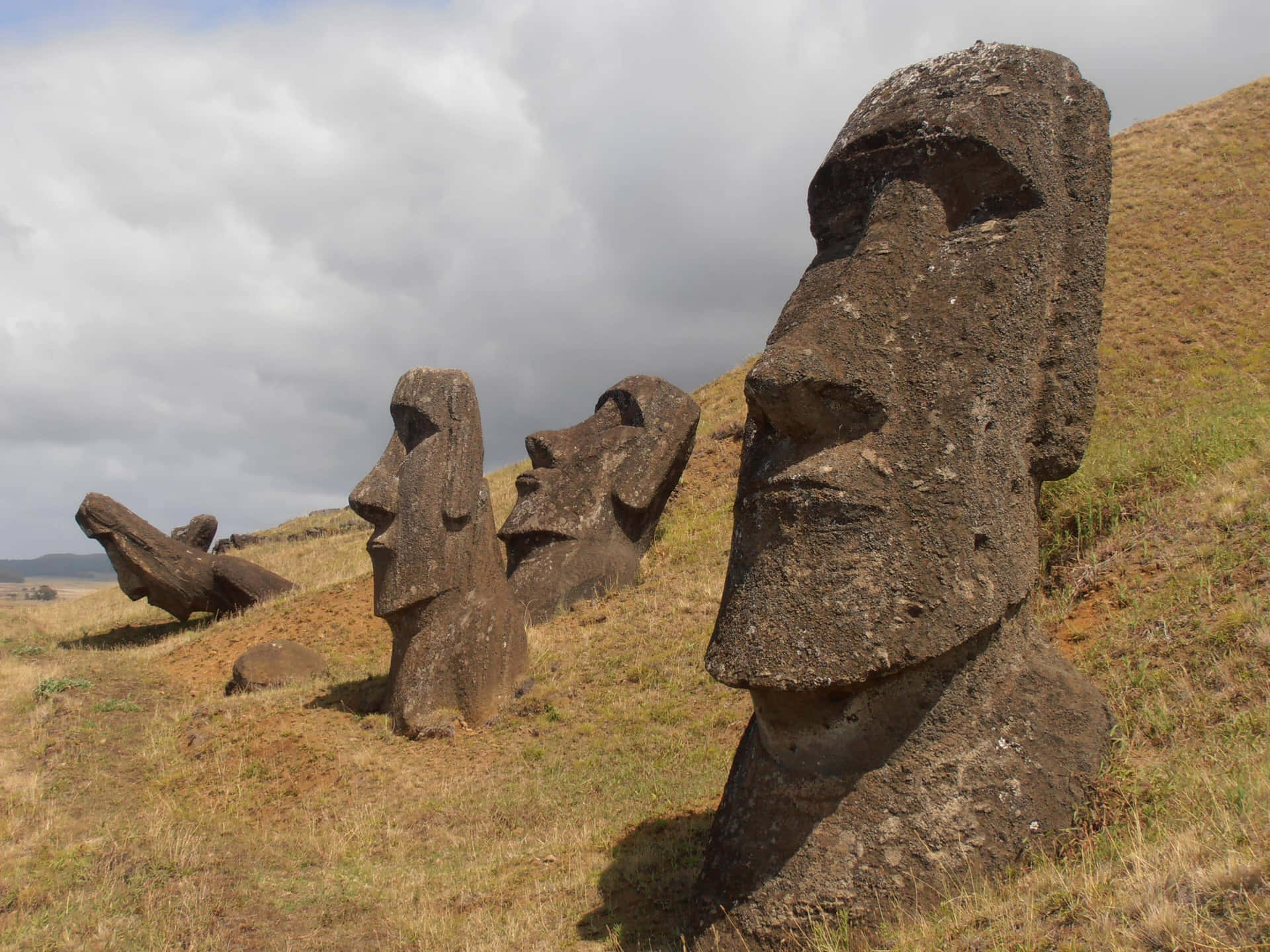 Moai Head Figures Near Rano Raraku Background
