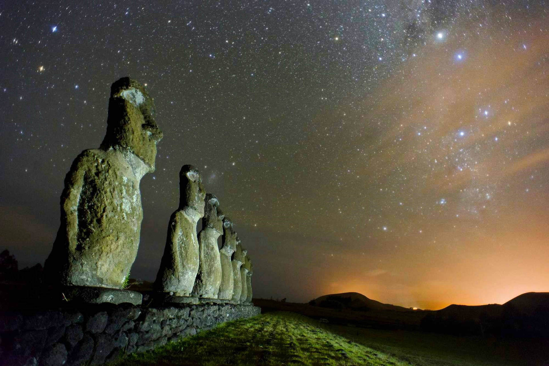 Moai In Chile At Night Background