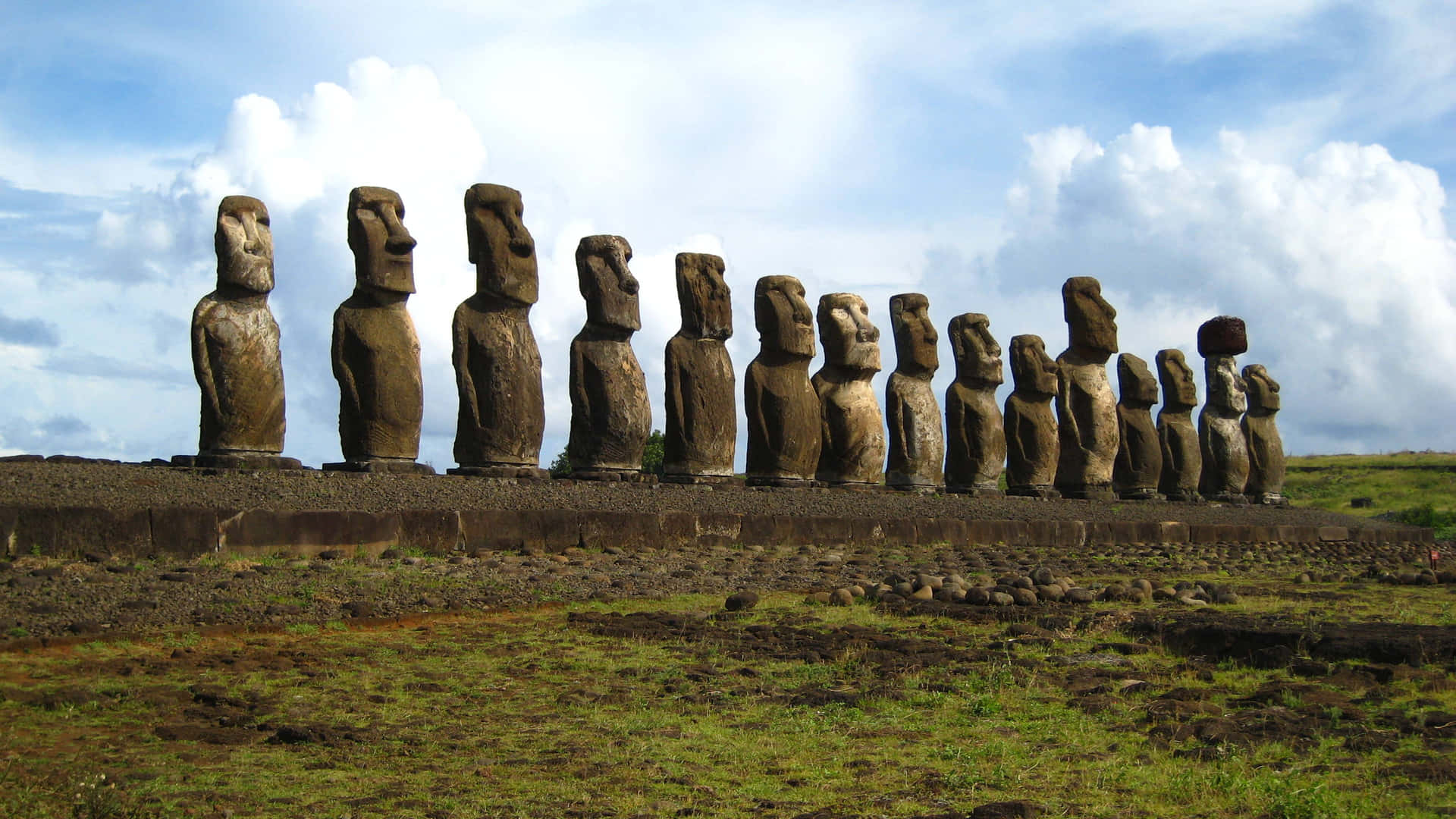 Moai Sculptures Lined Up Background