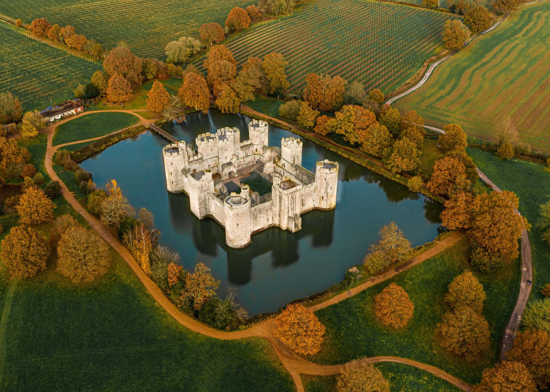 Moated Bodiam Castle In England Aerial Shot