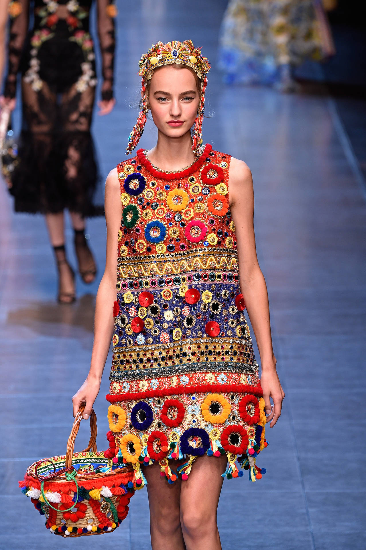 Model In Red, Flowery Dolce And Gabbana Dress