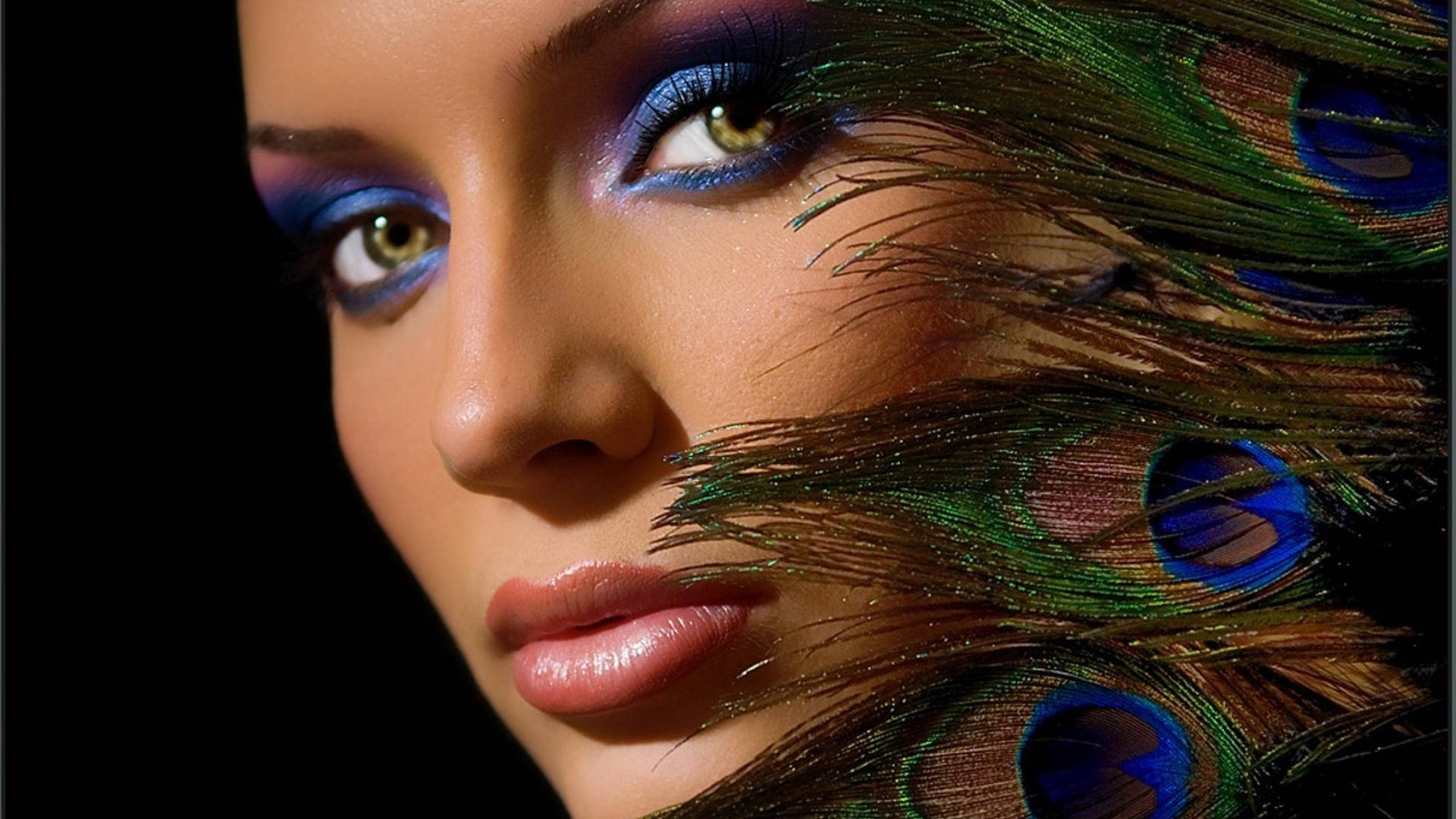 Model's Face With Peacock Feather Background