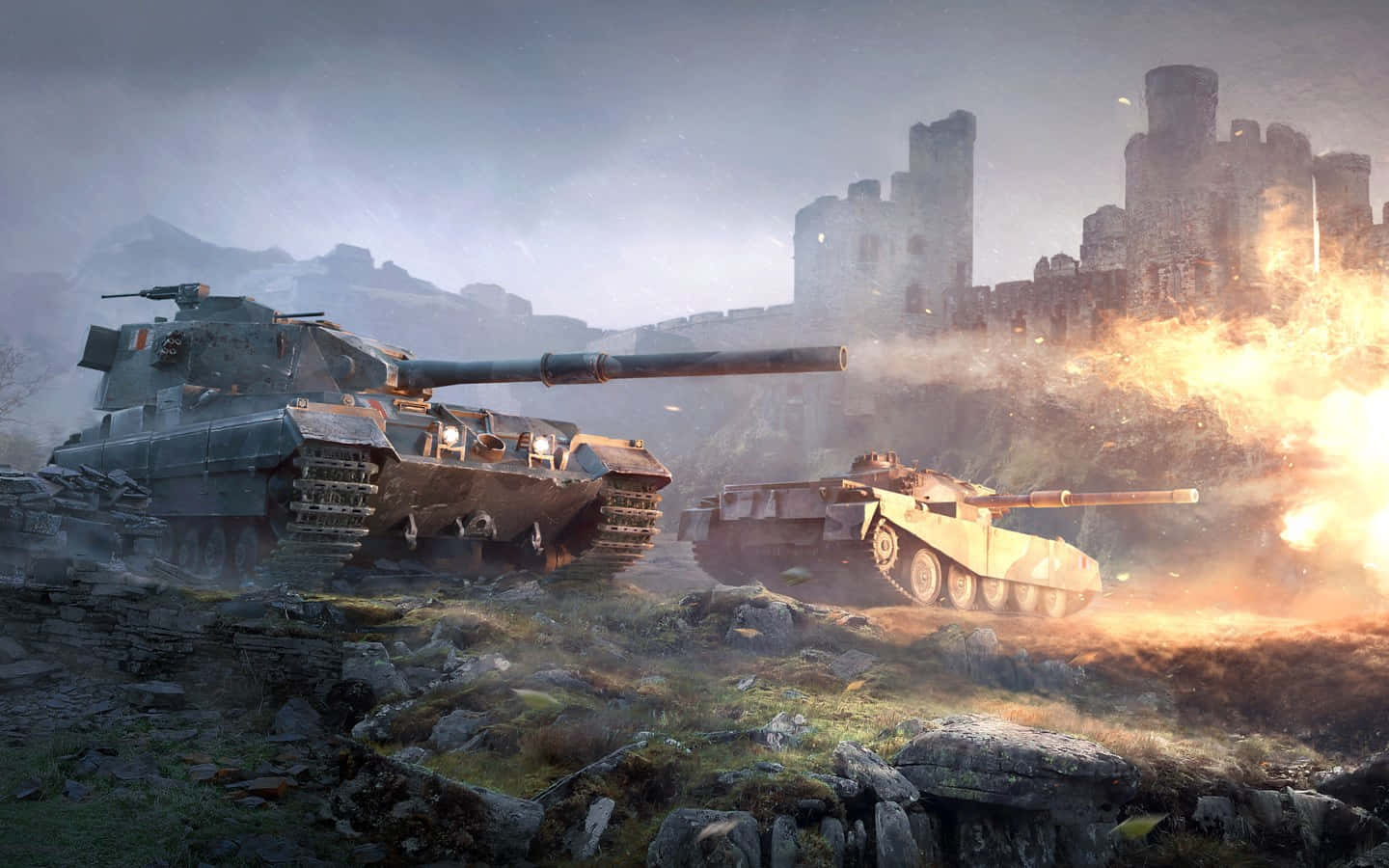 Modern Armored Tanks In A Battlefield Background