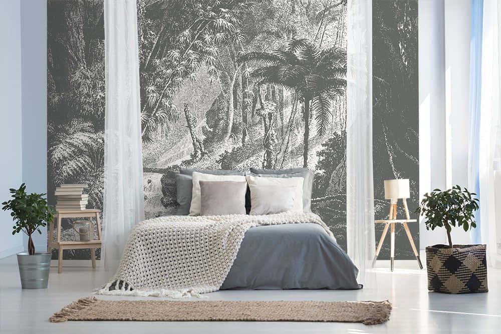 Modern Bedroomwith Blackand White Jungle Wallpaper Background