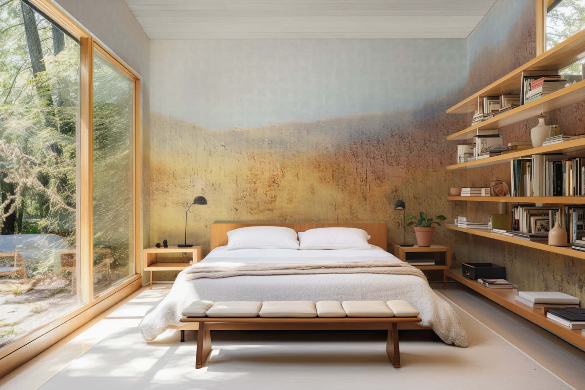 Modern Bedroomwith Calico Wallpaperand Forest View