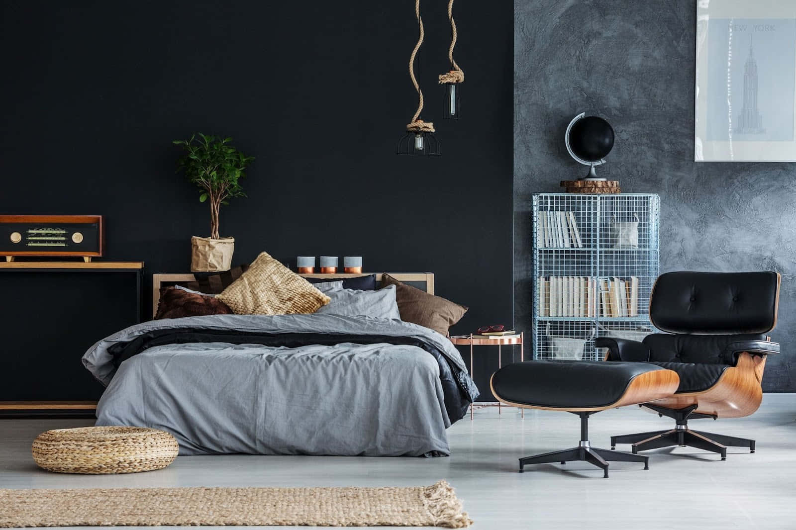 Modern Black Lounging Chair In Elegant Bedroom Background