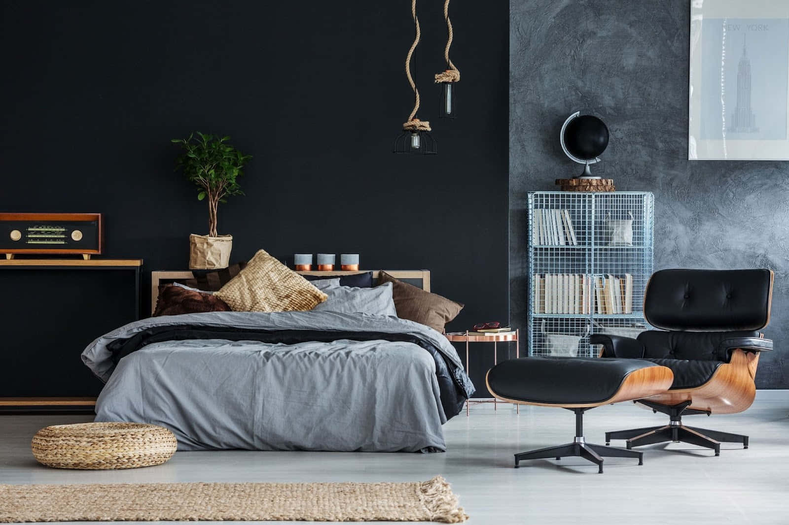 Modern Black Lounging Chair In Elegant Bedroom