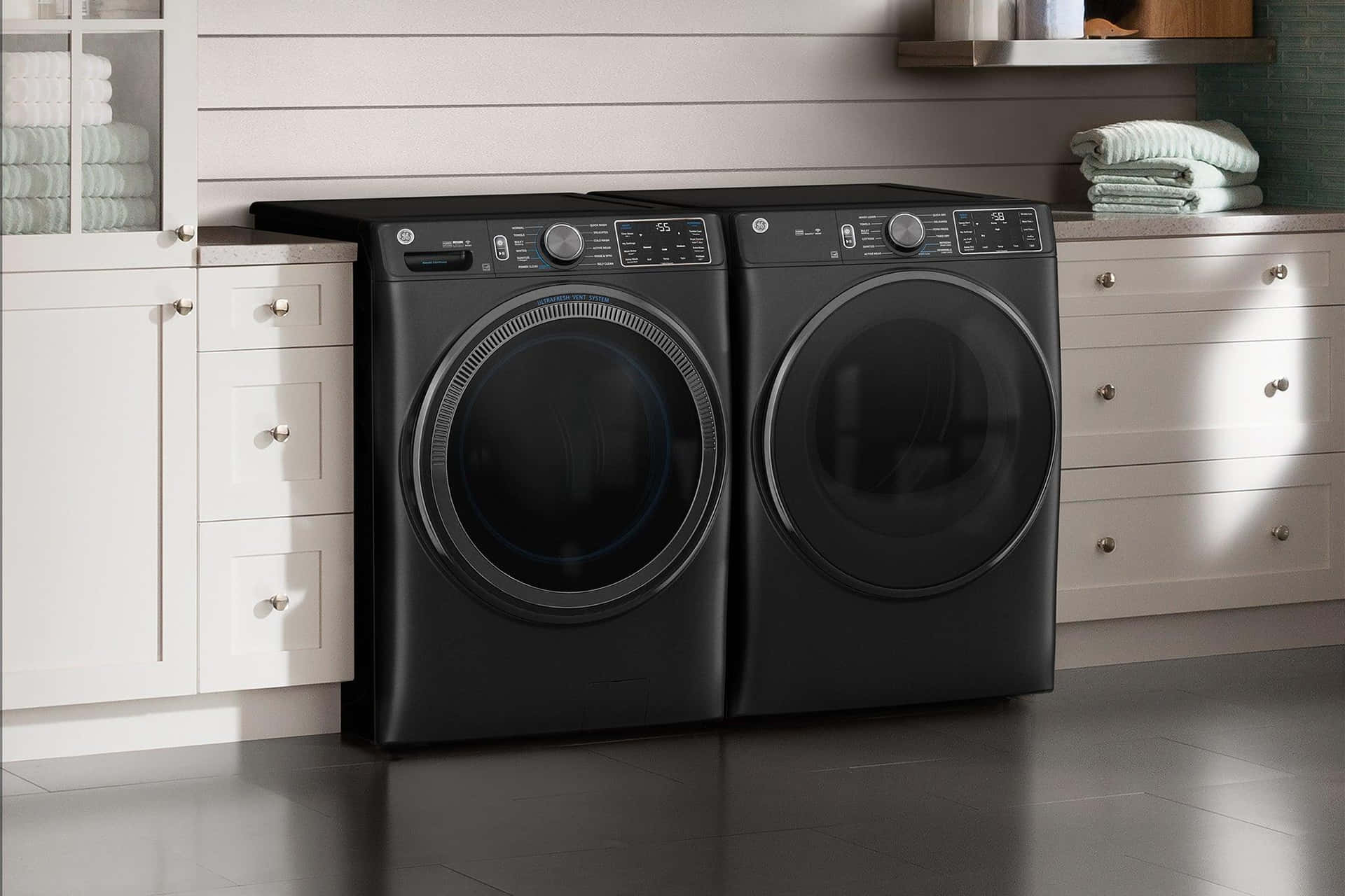 Modern Black Washing Machineand Dryer Set Background