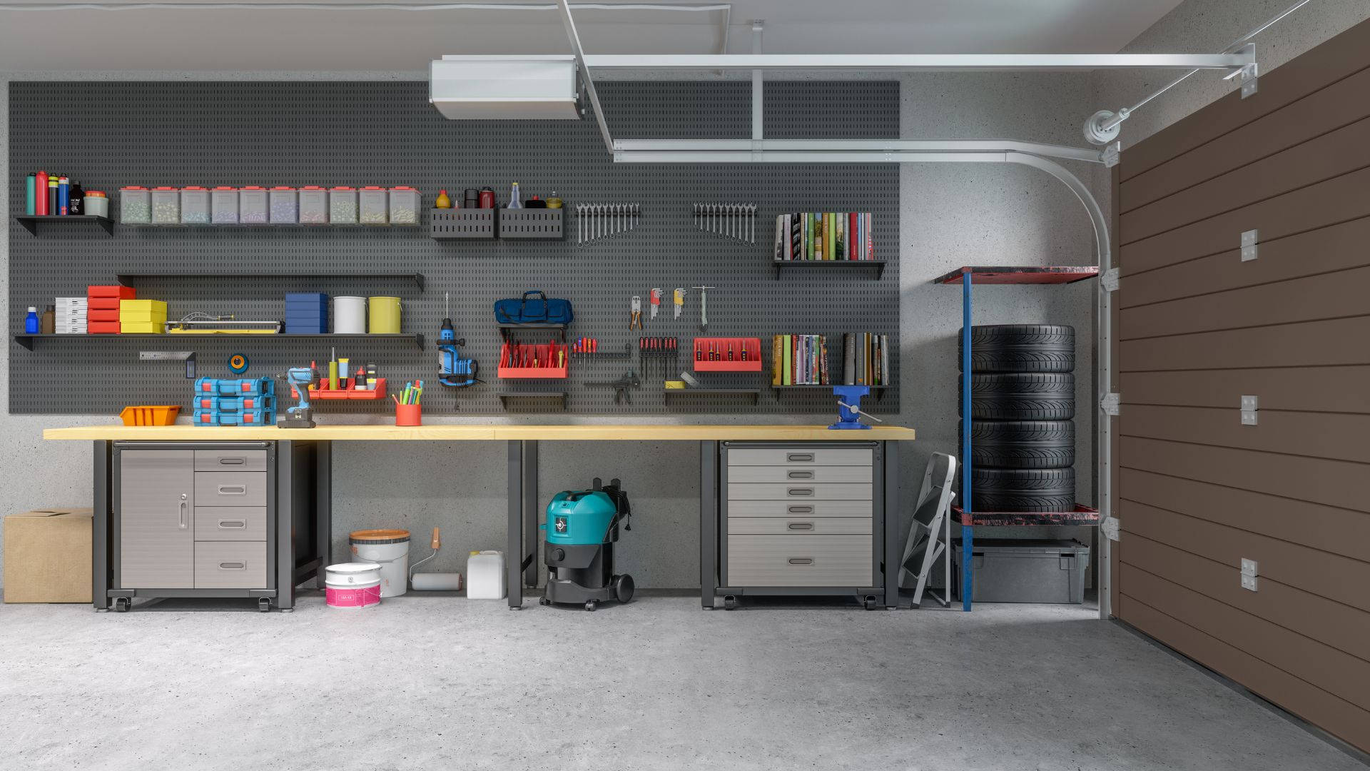 Modern Garage Equipped With Storage Room And Repair Tools Background