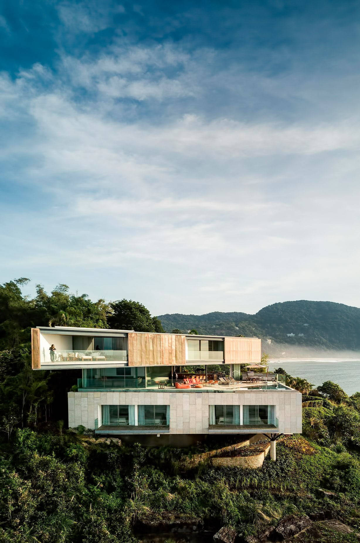 Modern House With Trees And Mountains Background