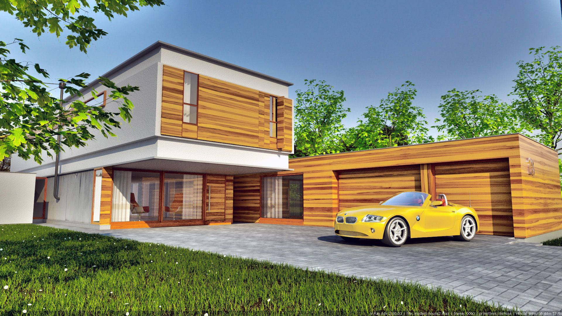 Modern House Yellow Car Background