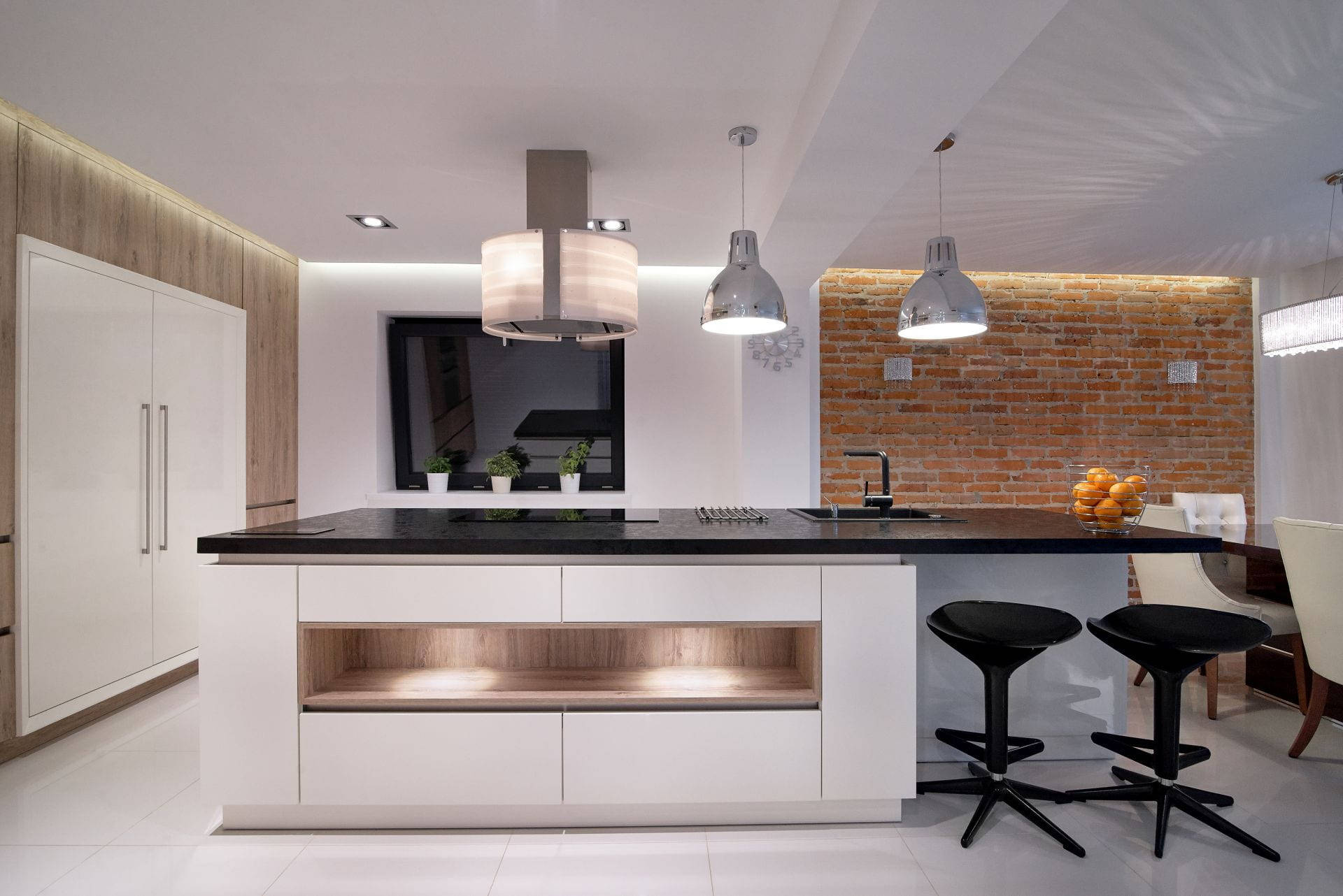 Modern Kitchen Design With Brick Wall Background