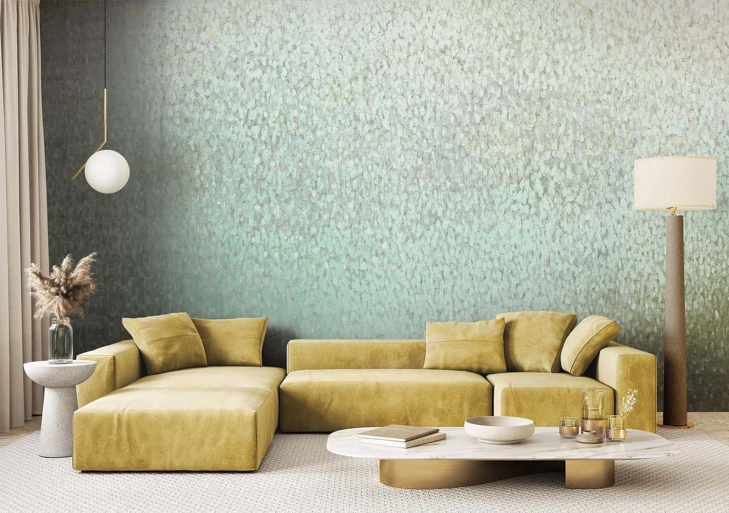 Modern Living Roomwith Velvet Sofaand Textured Wall