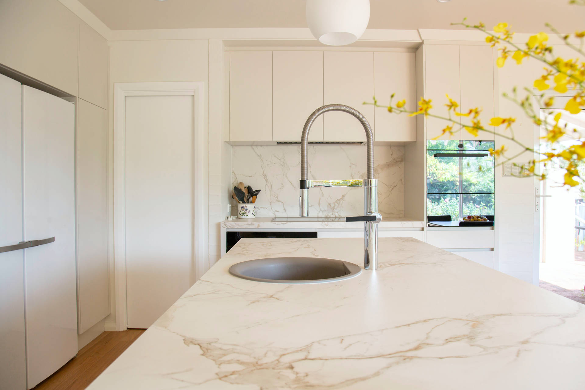 Modern Minimalistic White Marble Kitchen Counter Background