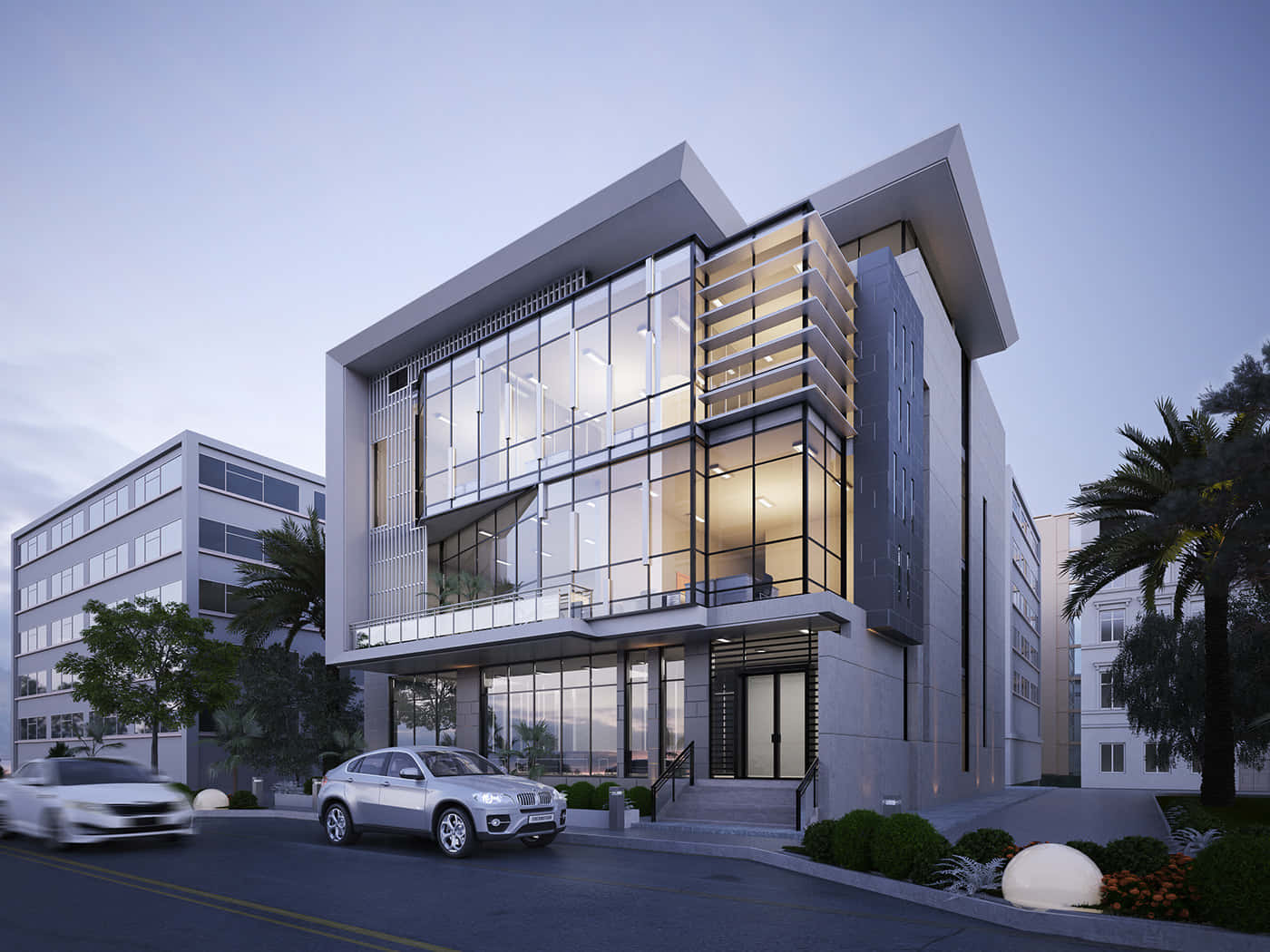 Modern Office Building Twilight Exterior