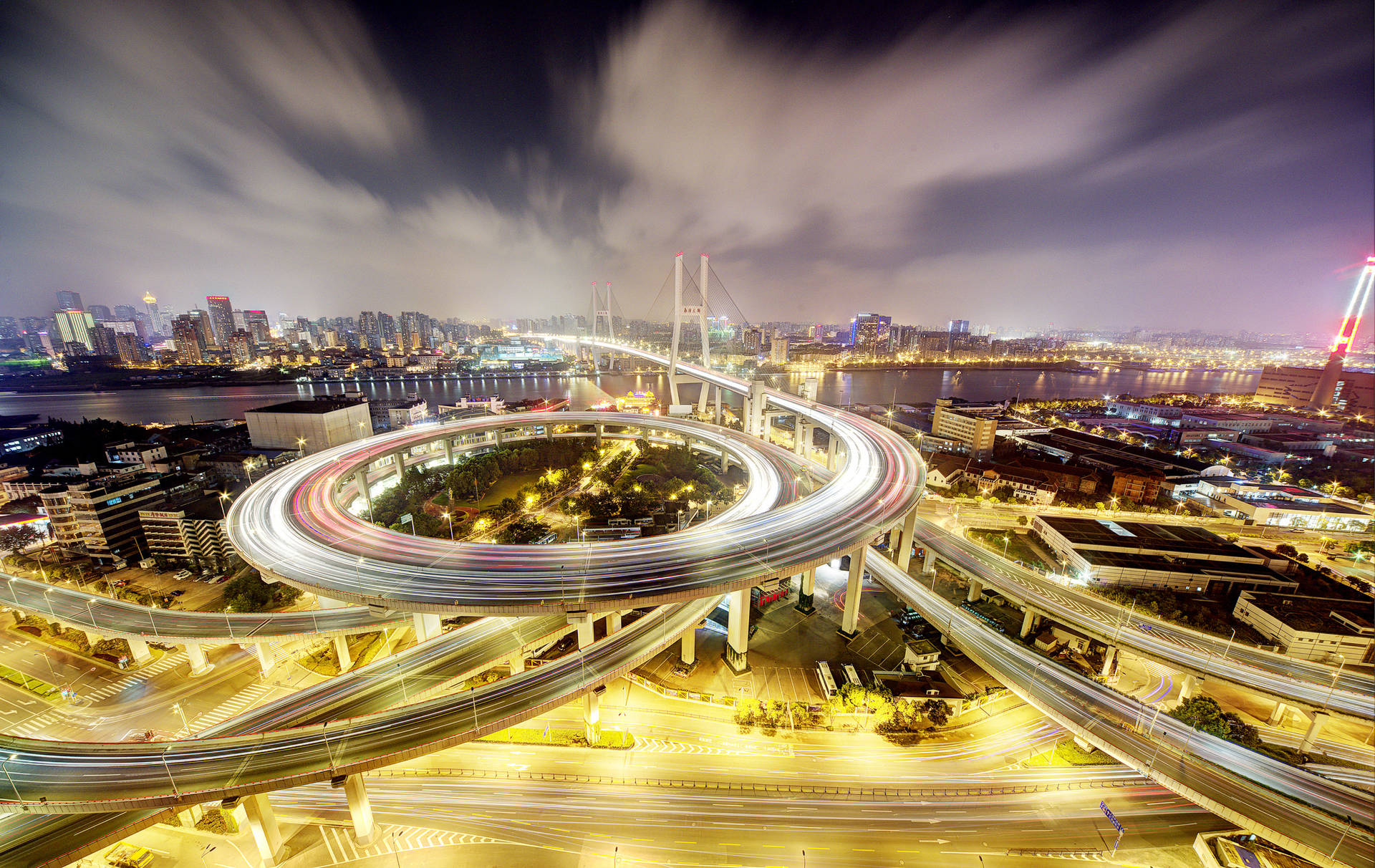Modern Spiral Bridge In Shanghai Background
