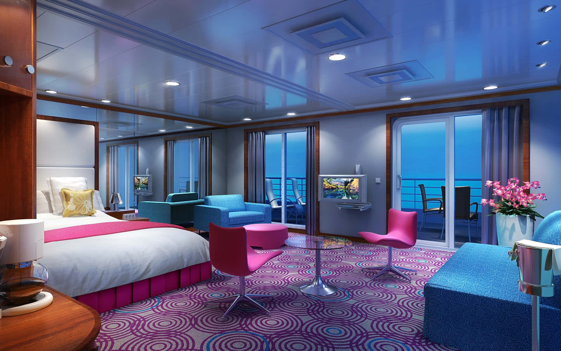 Modern Violet Interior Hotel Room Background