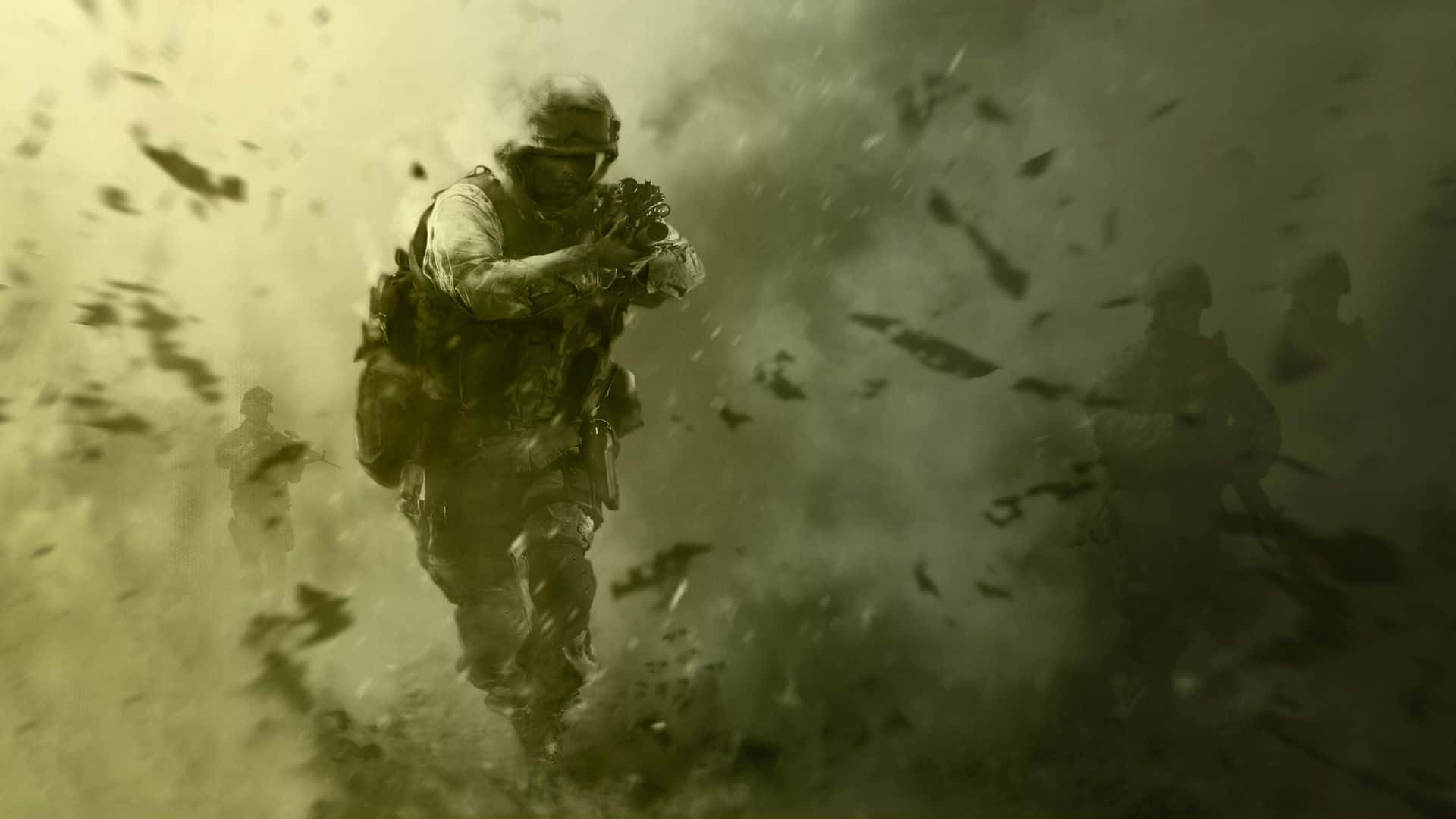 Modern Warfare Soldier Advancing Through Debris Background
