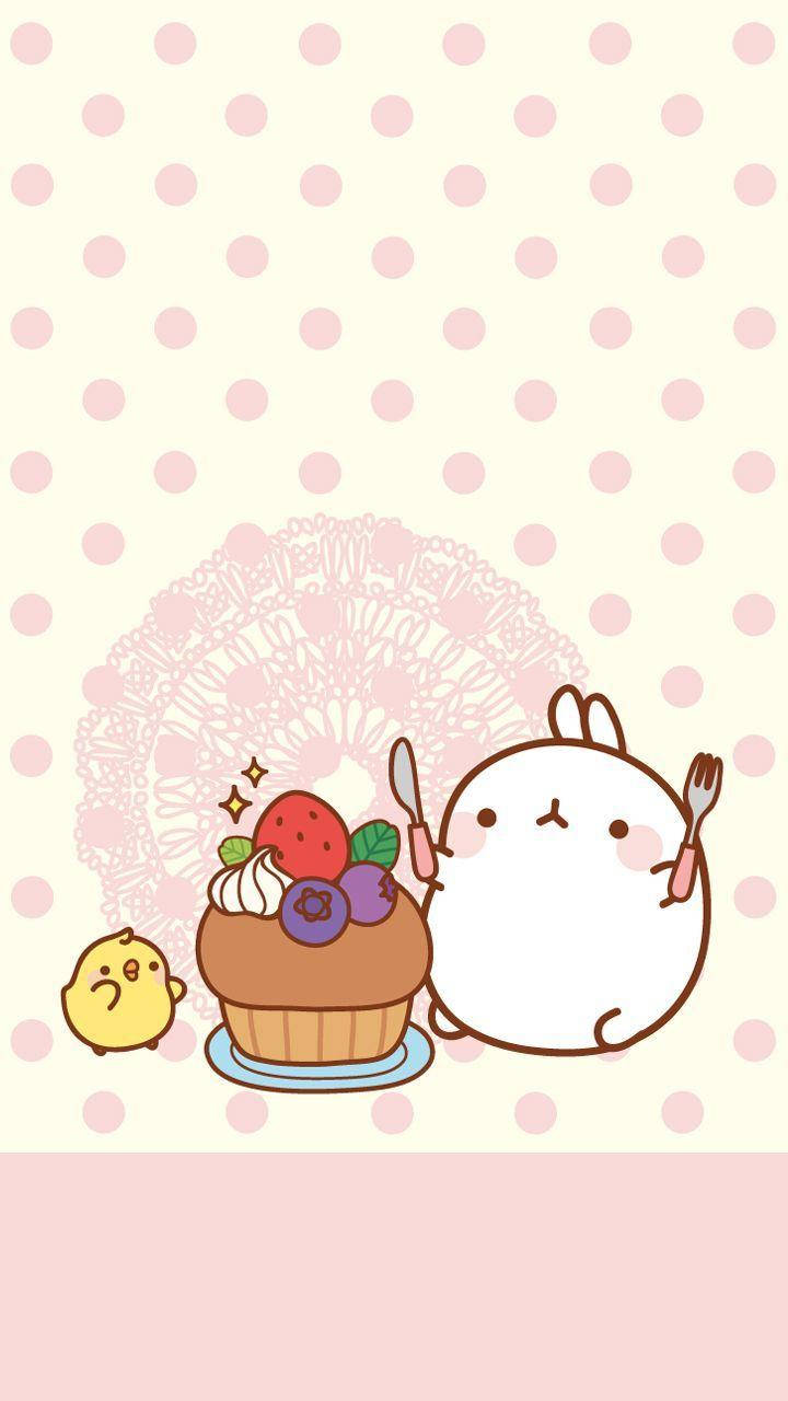 Molang Eating Cupcake With Berries Background