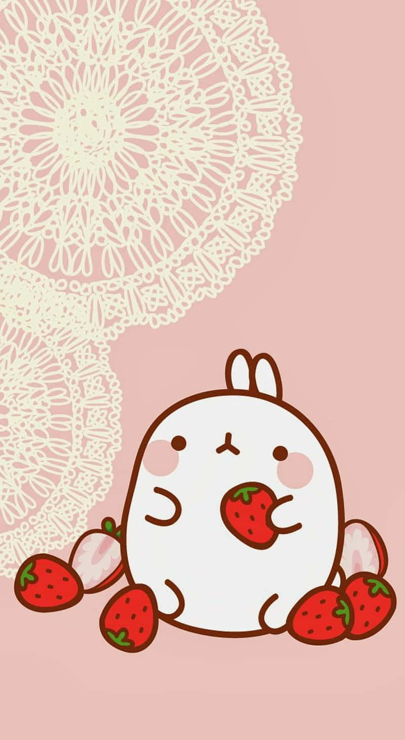Molang Enjoying A Pastel Cute Strawberry Moment Background