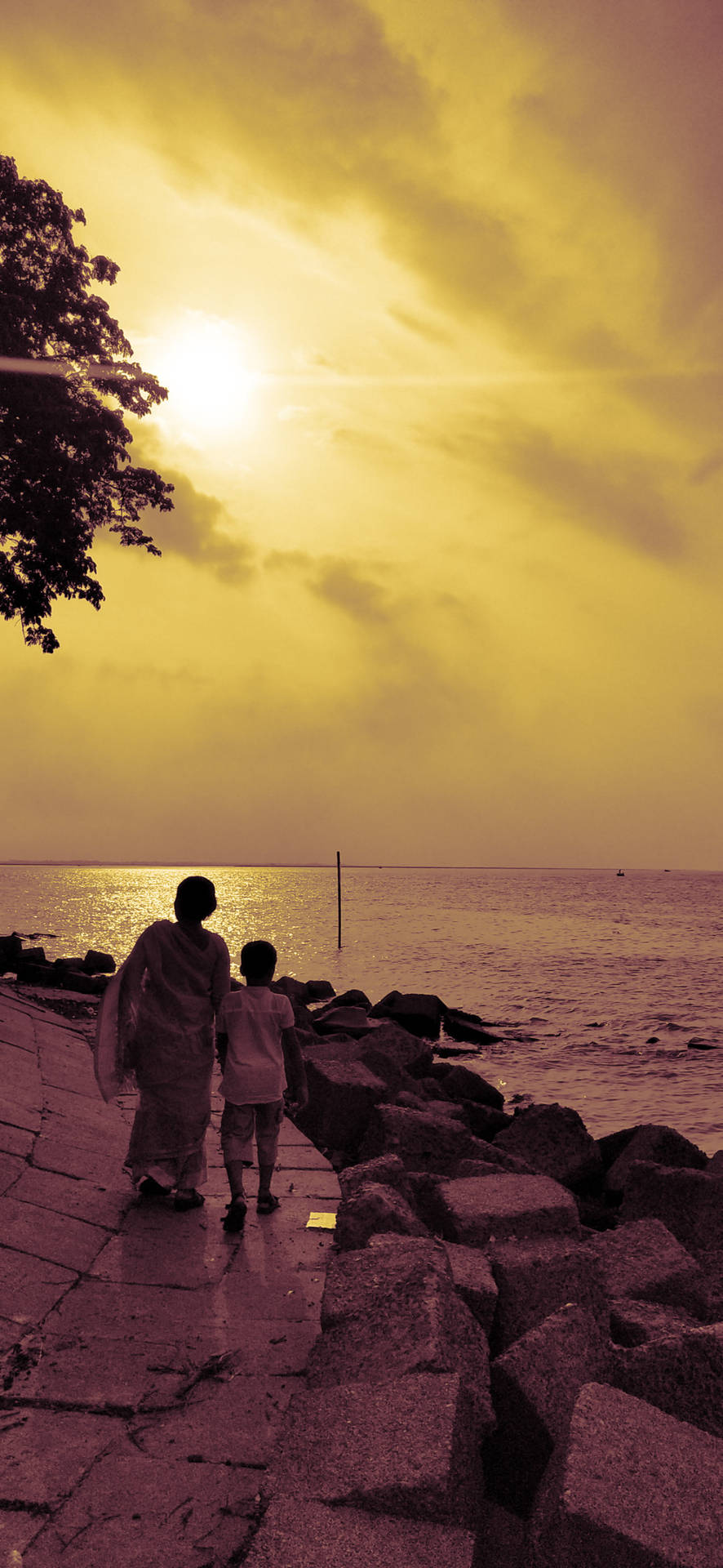 Mom And Son Walking By The Beach