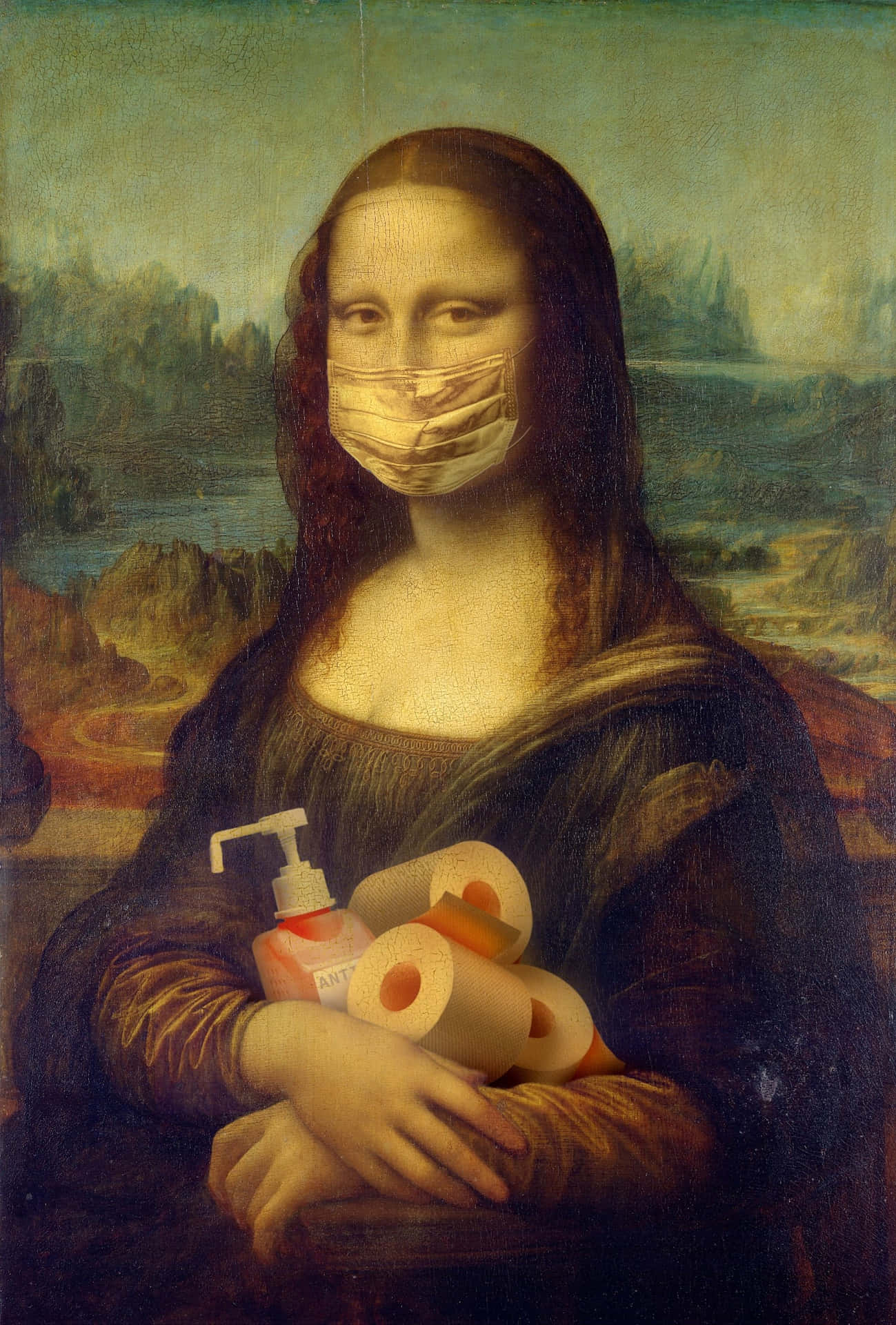 Mona Lisa Carrying Antiseptic Products Background