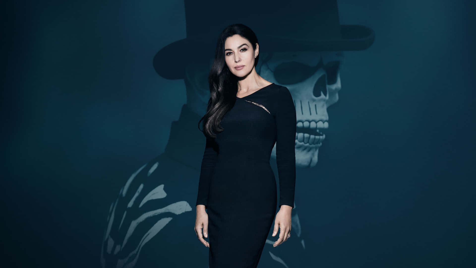 Monica Bellucci Black Dress Skull Backdrop4 K Background