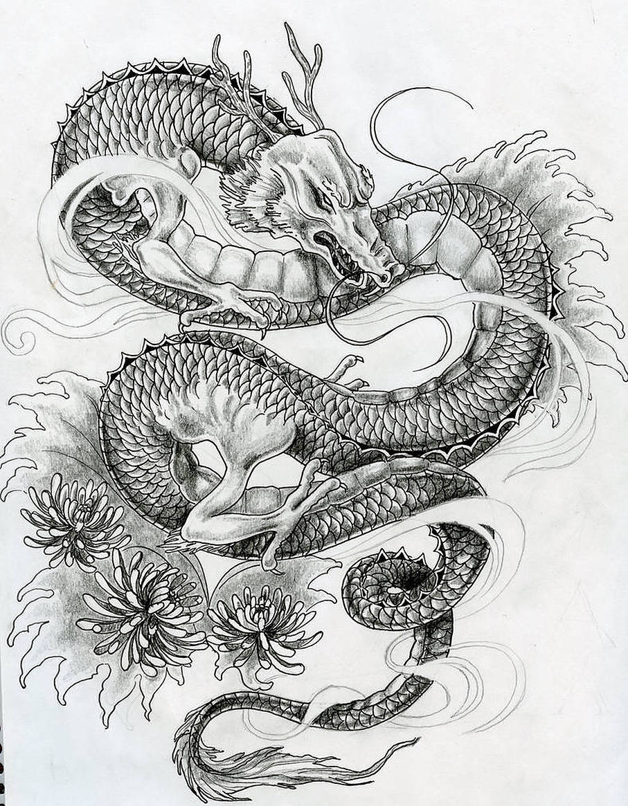 Monochromatic Japanese Dragon Tattoo Sketch