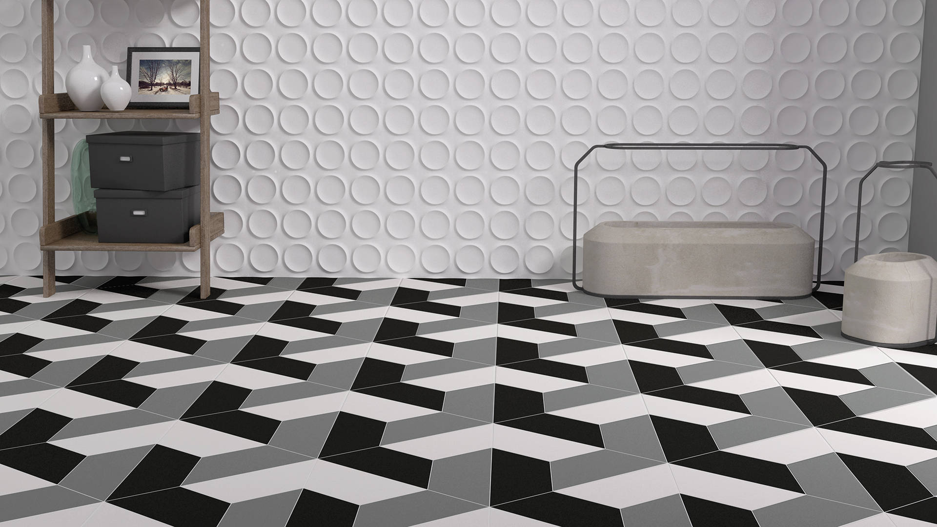 Monochrome 3d Steps Floor Tiles Background