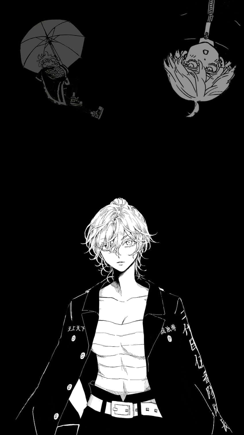 Monochrome_ Anime_ Character_with_ Floating_ Objects Background