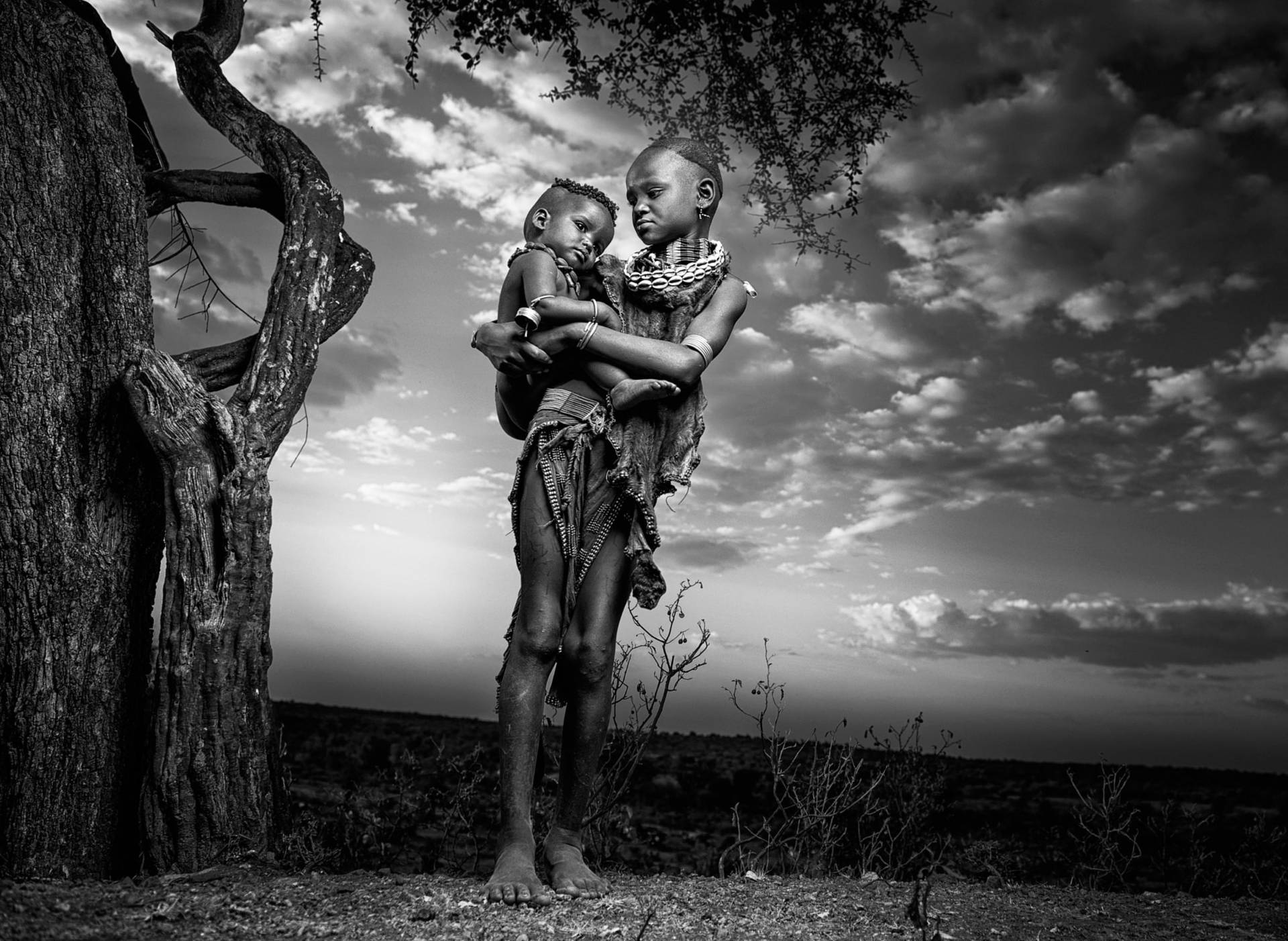 Monochrome Ethiopia Children At Tree Background