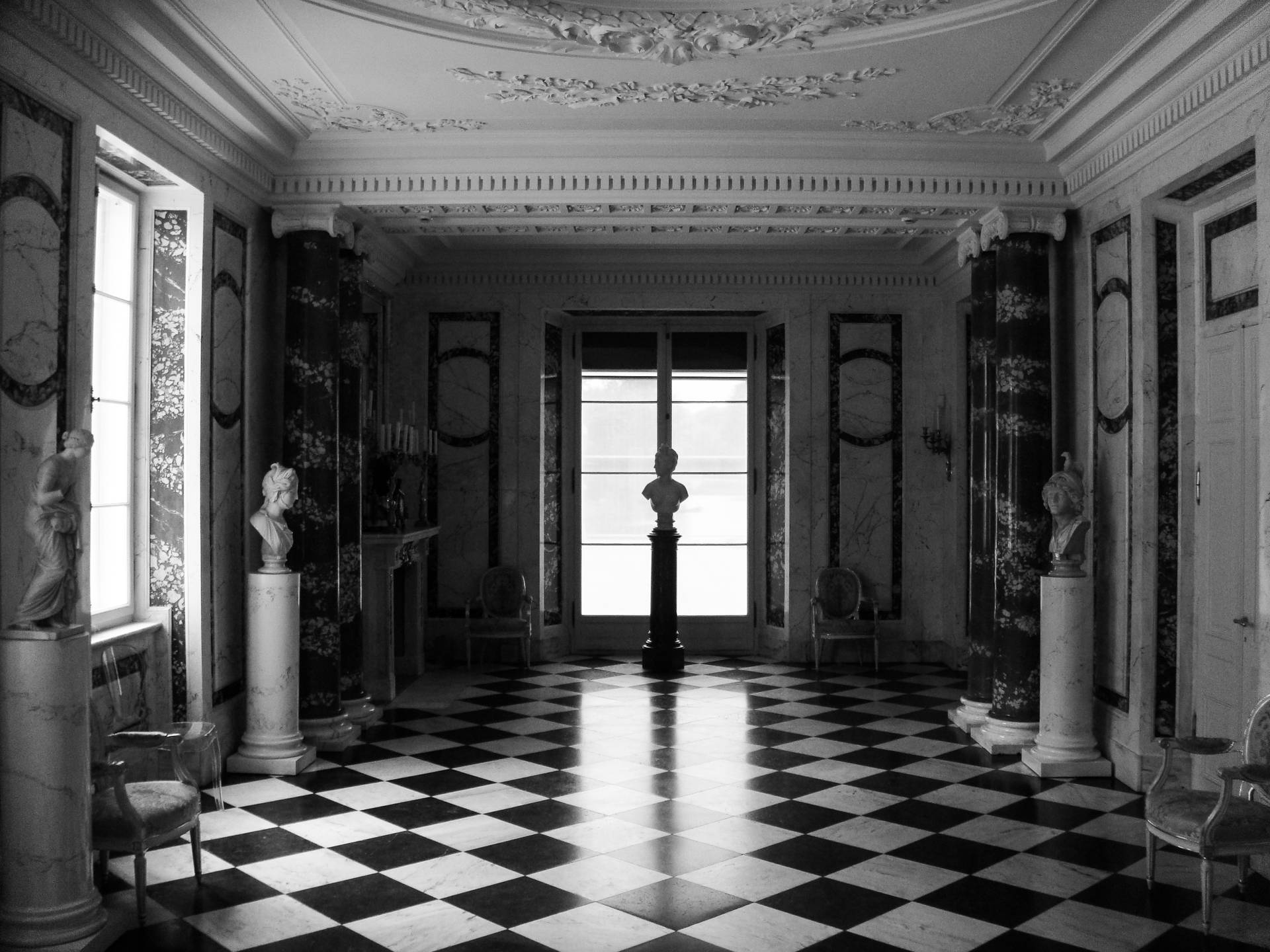 Monochrome Hallway With Checkered Floor