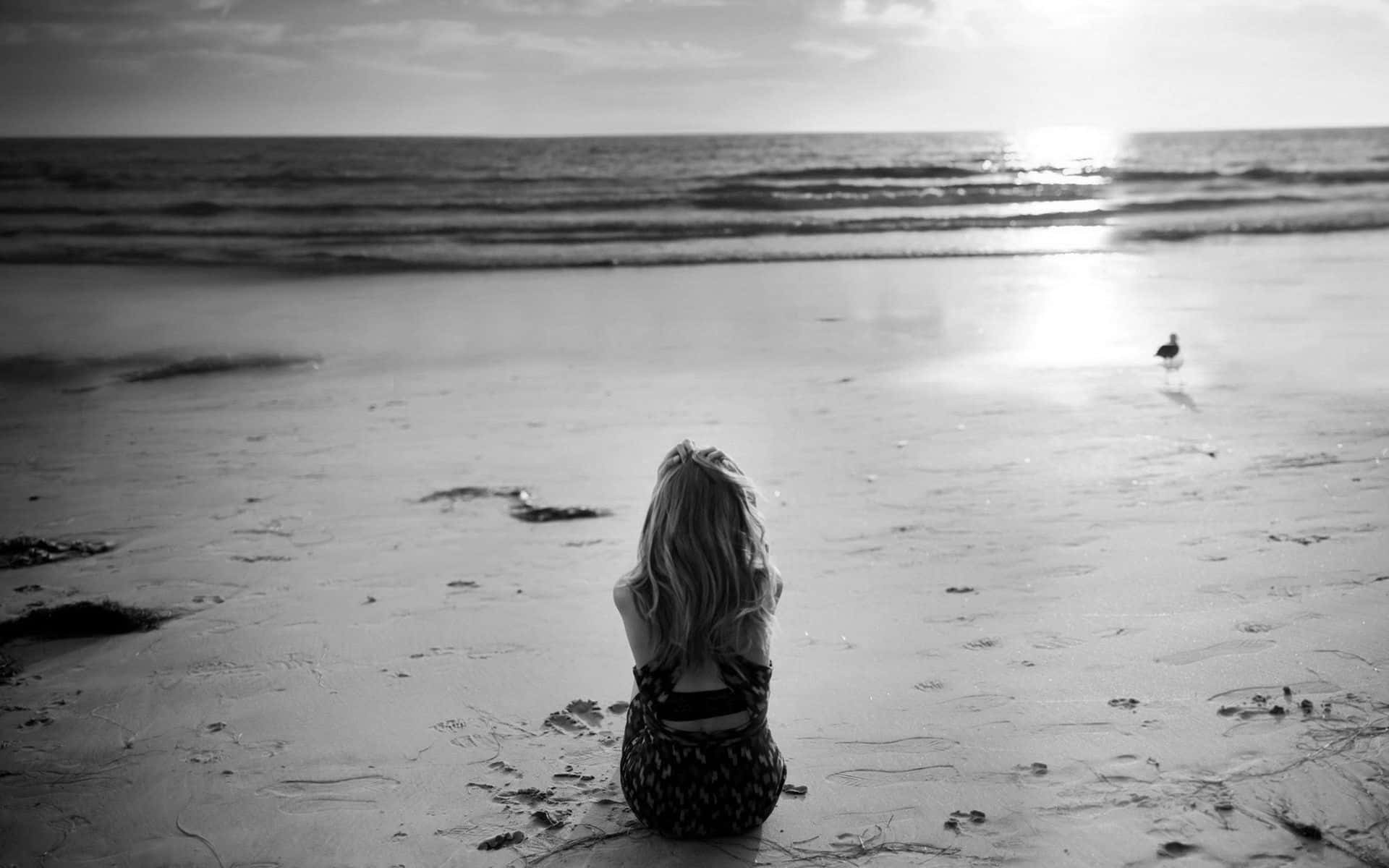 Monochrome Lonely Girl On Beach Background