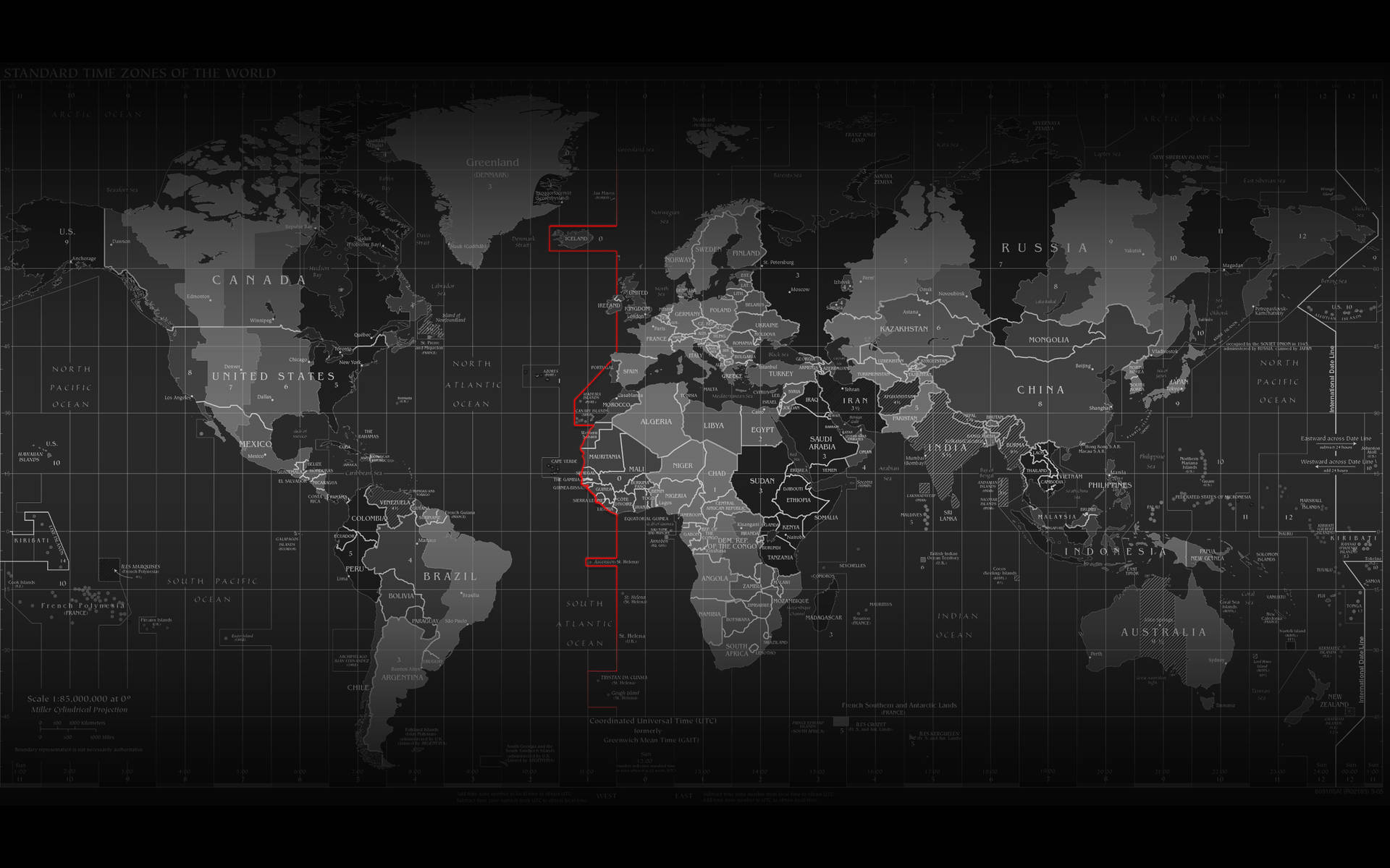 Monochrome World Map Time Zones Background