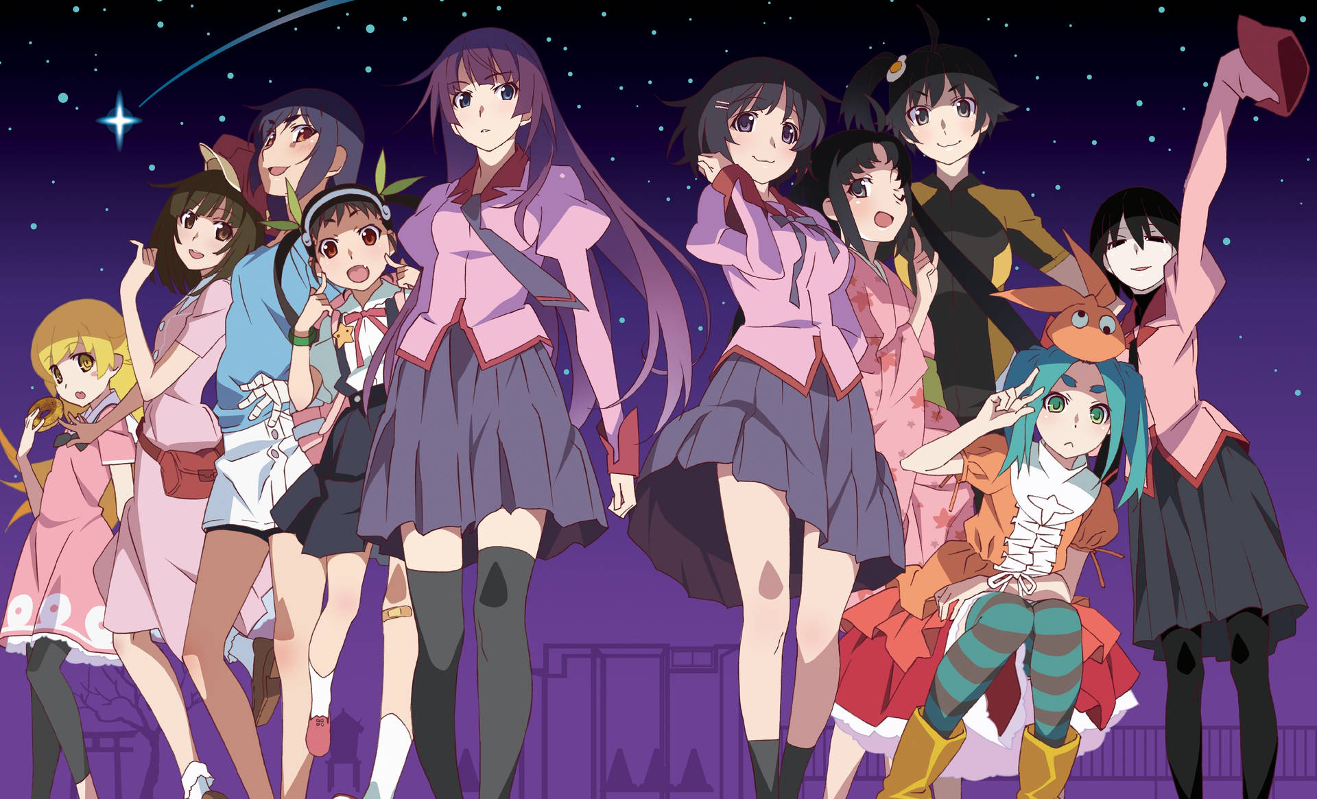 Monogatari Characters Under Starry Night Background