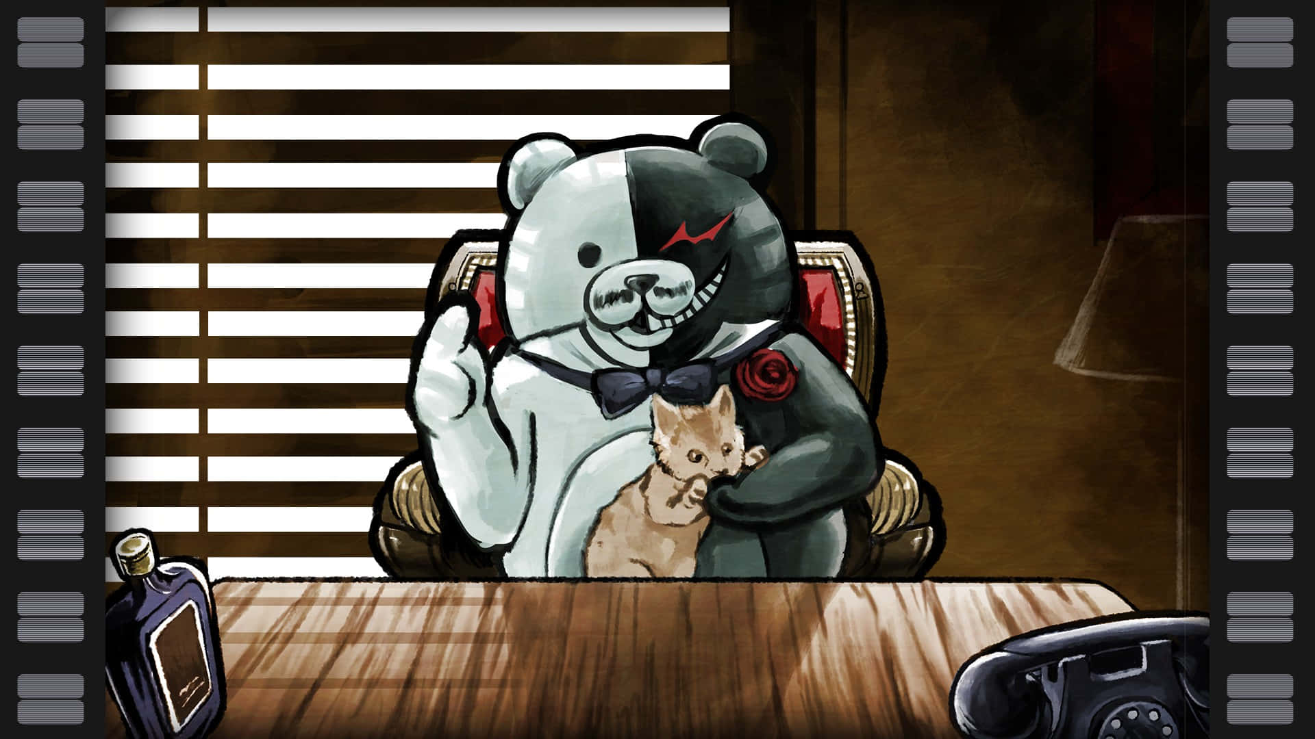 Monokuma With A Pet Cat Background