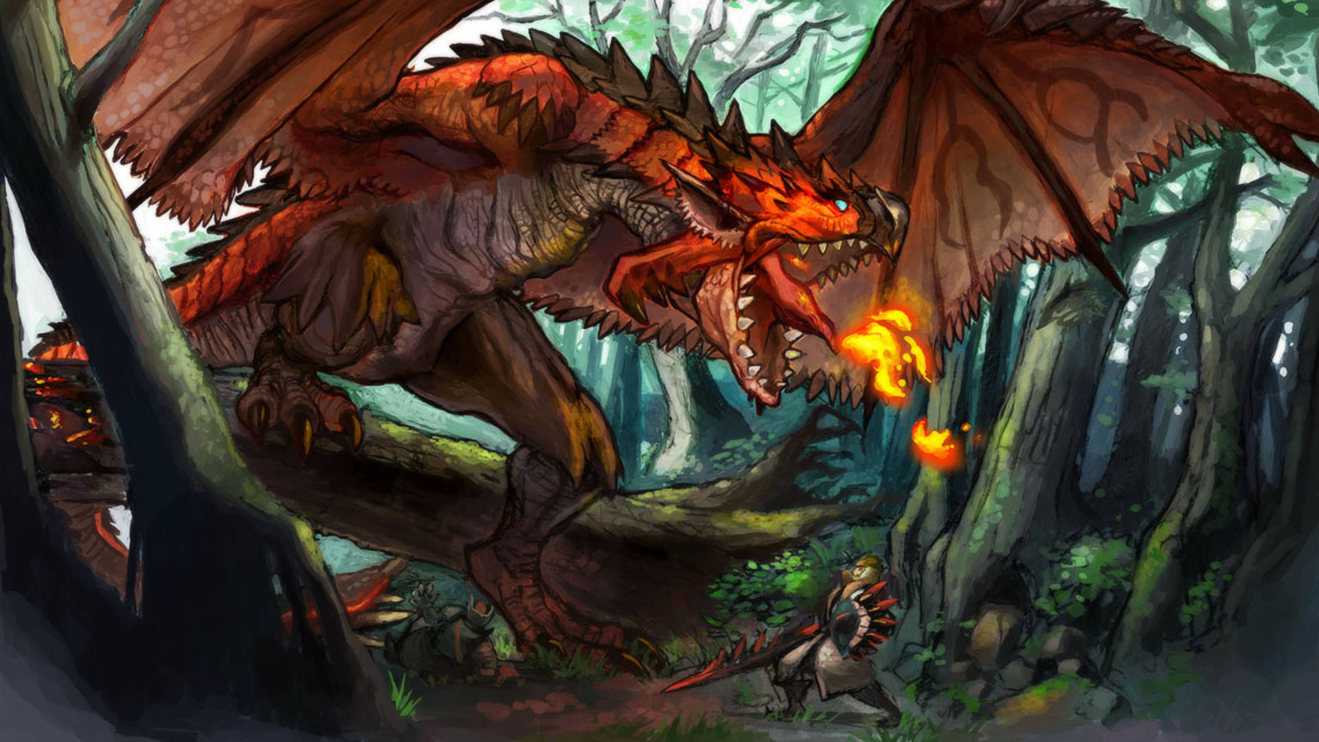 Monster Hunter Rathalos In The Forest Background