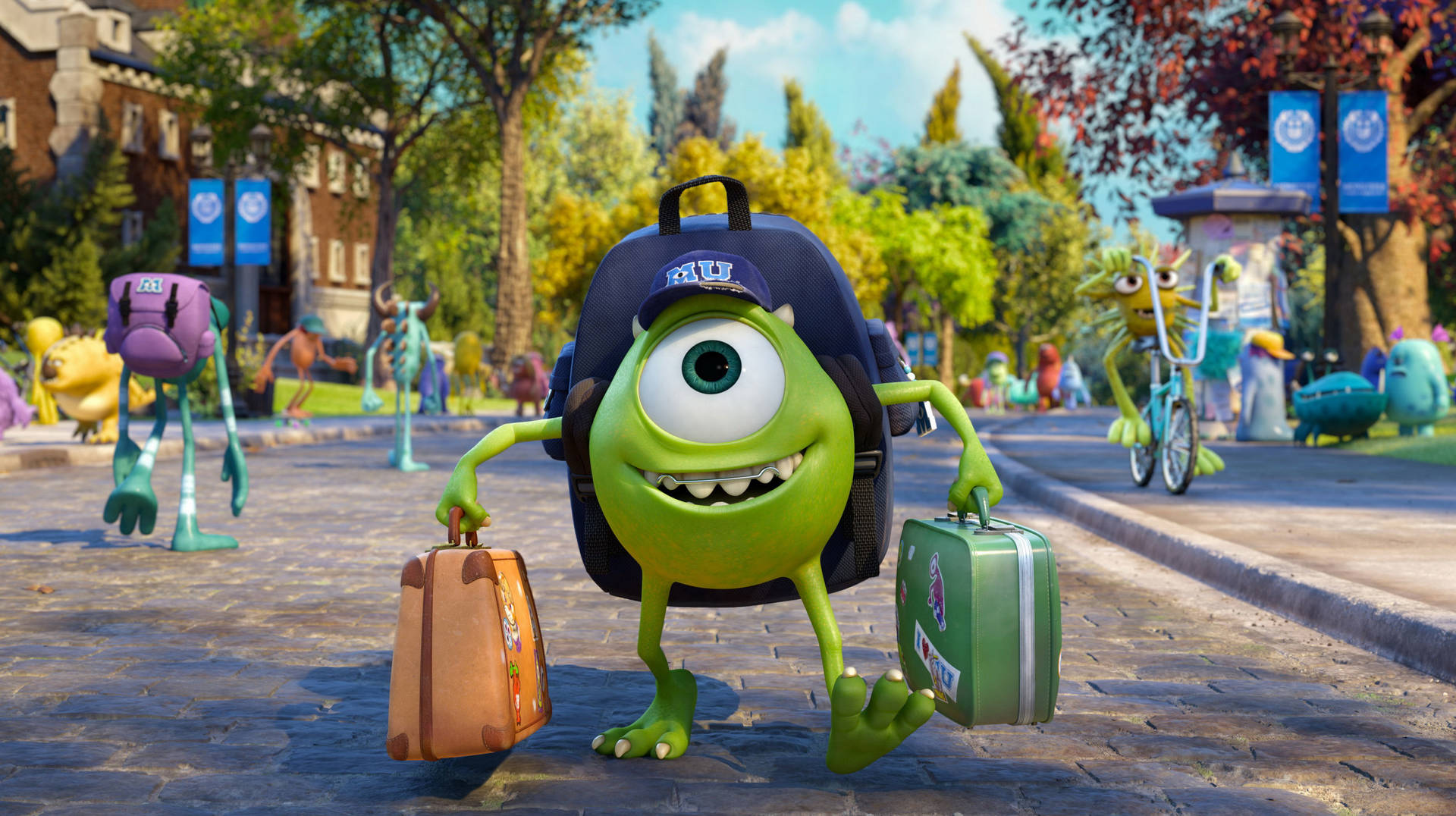 Monsters University Mike With Suitcases Background